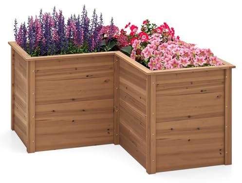 RELAX4LIFE Carré Potager en Bois de Sapin avec Base Ouverte, Jardinière Surélevée en Forme de L pour Légumes Fruits, Lit de Jardin pour Jardin Patio Terrasse, 120X120X62 CM (Marron)