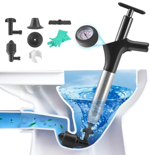 Gxpjycfob High Pressure Toilet Plunger,Heavy Duty Toilet Unblocker Tools with Real Time Barometer,4 Replaceable Heads,Gloves,Inflatable Footbed and Hook for Unblocking Toilet,Kitchen Sink,Pipe Clog