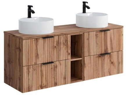 Vente-unique-Mueble de baÒo Flotante con estantes y Lavabo Cuadrado sobre encimera - Natural Claro - L140 cm - ZEVARA