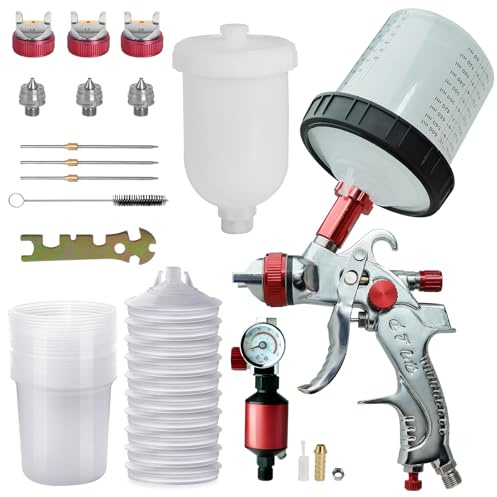 HVLP Paint Spray Gun Kit, 600ml Cup Paint Sprayer with 3 Nozzles, Air Regulator and Filter, Automotive Spray Gun Kit with10 Disposable Cups and Lids, Cleaning Tools for Painting Car Furniture(Red)