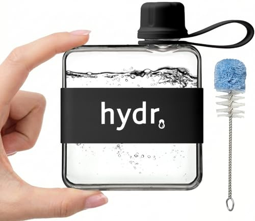 hydr v2 Bouteille d'eau plate pour sac à main et brosse de nettoyage flexible - 320 ml - Tritan sans BPA - Petite bouteille d'eau de voyage pour sac à main - Noir