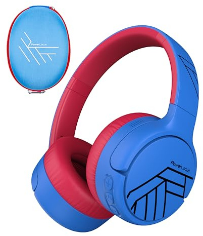 PowerLocus Auriculares Bluetooth para niños, con cancelación de ruido activa, 74/85/94 dB, volumen seguro, plegable con bolsa de tela, tiempo de reproducción de 60 horas con micrófono y auxiliar para