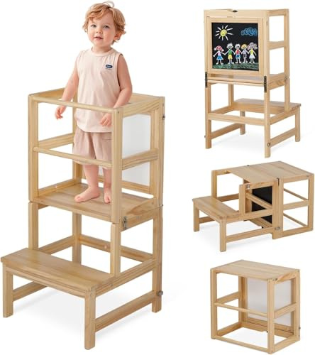 LALAHO Lernturm ab 1 Jahr，Tritthocker Holz，Lernturm Klappbar mit rutschfeste Matte，Montessori Inspiriert，Für Küche & Bad（Natur）