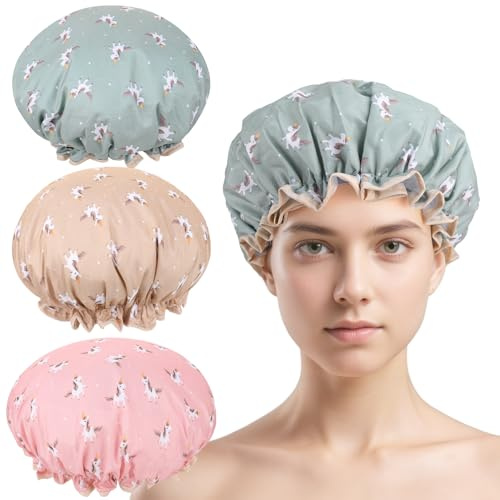 ViEinkaufen 3 Pcs Shower Cap Elastic Band, Double Layers Reusable Waterproof Shower Caps, Hair Cap with Ruffled Edge Covering Ears for Girls and Women