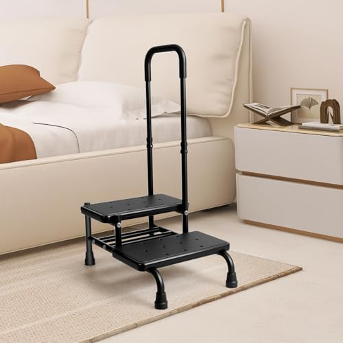 Muyege.Duan 2 Step Bed Stool for Elderly with Adjustable Handrail Heavy Duty Step Stool with Handle for Seniors, Adults Non-Slip Step Ladder for Bedroom to Safely Get Into Bed or Bathtub