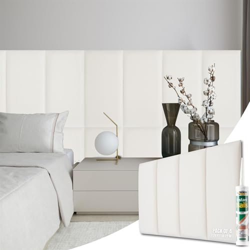 NOVECRAFTO Velvet Padded Wall Panels Set of 4 - Cream Upholstered Anti-Collision Panels with Adhesive - H23.6 x W11.8 (60x30cm) Cushioned Paneling for Beds, Kids Room, Hallways & Feature Walls