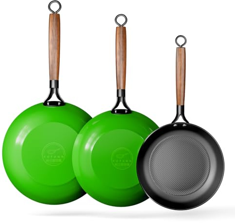 YUTANN Juego de Sartenes de Hierro Fundido Pre-sazonadas, Set de 3 Piezas, Apta para Inducción, Gas y Horno, Antiadherente Natural, Cocina Profesional