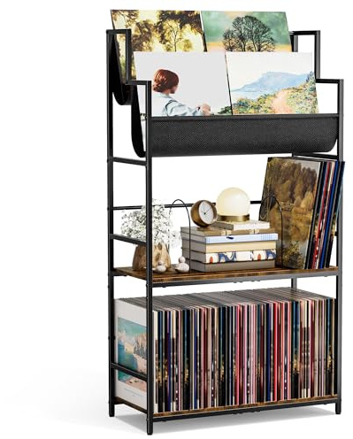 Aquzee Vinyl Record Storage, 4-Tier LP Record Display Shelf, Holds Up to 250 Albums, Record Organizer Holder, Album Storage for Vinyl Records LP Magazine, Rustic Brown