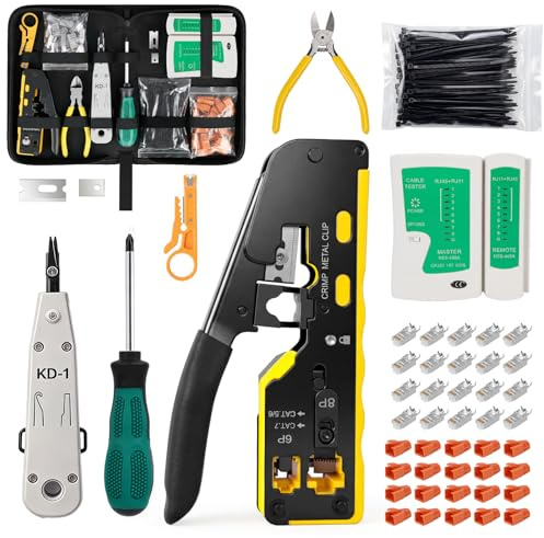 TURNRISE Juego de herramientas de red RJ45 con pinza de engarce, 20 x conector RJ45 Cat7/Cat6a, probador de red, herramienta de colocación LSA, pelacables, 100 x bridas de nylon, herramientas