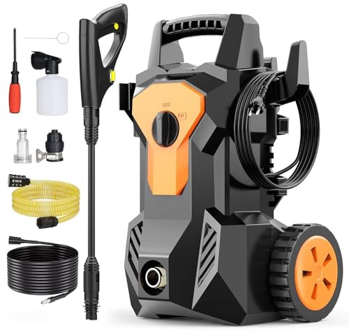 Hidrolimpiadora de Alta Presion, 1600W 140Bar Presión de Trabajo, Caudal 420L/H, con Boquilla Ajustable Pistola y Manguera de 8M Cable de 2M, con Boquilla de Espuma, para Coches, Vallas, Patios, Hogar