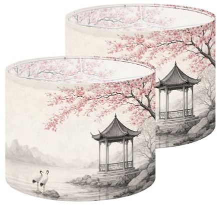 Chinoiserie Drum Lamp Shades Set of 2 Oriental Pavilion by Lake Cherry Blossoms Cranes Ink Wash Style 13x13x10 Medium Lampshade DIY Replacement Lamp Cover for Table Lamps Required Assembly