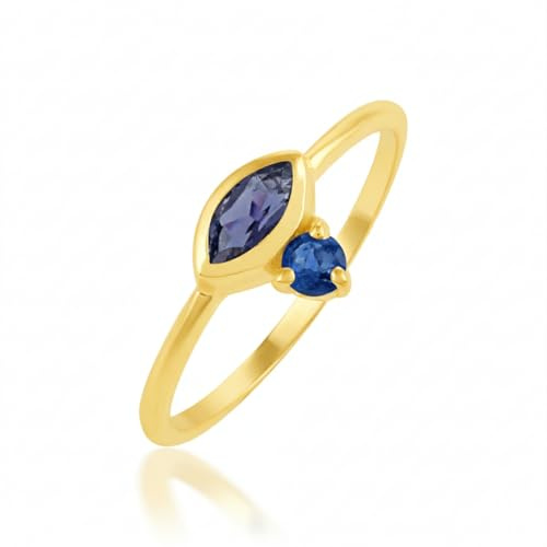 AZURFA Élégante bague solitaire marquise et cyanite ronde en finition plaqué or jaune avec pierres à facettes 2,5 x 5 mm et 2 mm