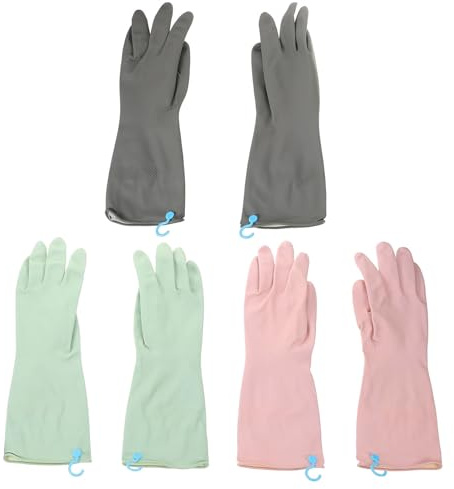 Veemoon 3 Pairs Non-slip Reusable Rubber Dishwashing Gloves with Hooks, Skin-friendly Household Cleaning Gloves for Kitchen and Gardening, Size S, Mint Green, Grey, and Pink Purple
