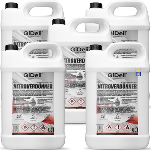GiDeli Nitroverdünner 5 x 5L - Leistungsstarke Universeller Nitroverdünnung zum Reinigen von Pinseln und Malwerkzeugen - für Farben und Lacke - für Werkstatt- und Renovierungsarbeiten