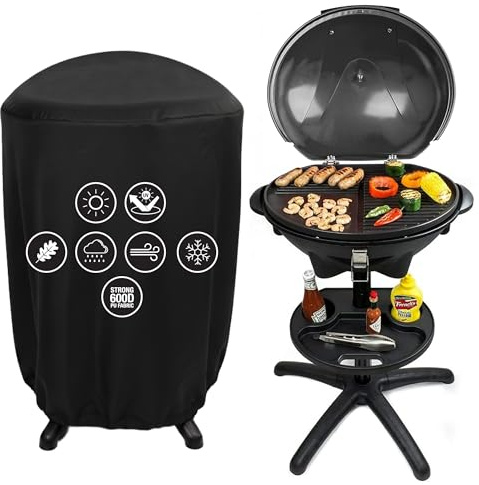 Andrew James BBQ Electric Grill Barbecue with 5 Temperature Settings, Thermostat, Indoor & Outdoor Party, Removable Drip Tray & Condiment Stand, Healthy Grilling, Non-Stick (Grey + Waterproof Cover)