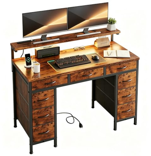 Flrrtenv Computer Desk with 9 Drawers & LED, 120cm Home Office Desk with Storage & Power Outlets USB Type-C, Small Study Table with Monitor Stand for Bedroom，Brown