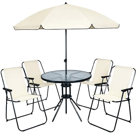 Garden Mile 4 Seater Patio Dining Set with Parasol Cream Garden Table and Chairs Set, Foldable Outdoor Furniture with Tempered Glass Table, Weather Resistant Balcony Patio Furniture (Cream)