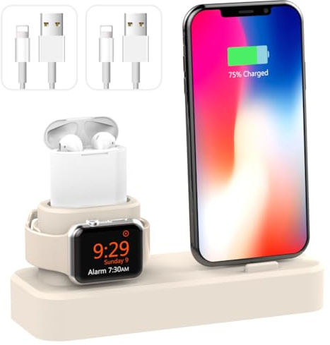 AODUKE 3-in-1 Silikon-Ladeständer für iWatch iPhone und Airpods 3/2/1/Pro, Ladegerät-Halterung für iWatch Ultra Serie 10-1 und iPhone 11/X/8/7/6/5-001-W
