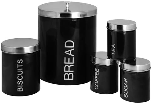 Harbour Housewares Metal Kitchen Canister Set - Black - 5pc Round Retro Food Storage Preservation Canister Caddy Container Bread Bin with Airtight Fit Lid for Kitchen Organisation & Home Décor