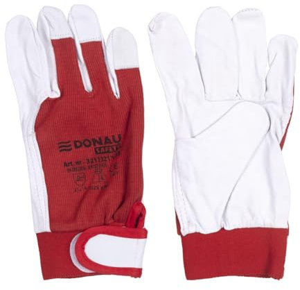 DONAU SAFETY Guantes de trabajo de cuero con cierre de velcro/talla 7/S / 1 par/blanco rojo/guantes de montaje/guantes de montaje/suave y cómodo guante protector de piel de cabra y tela de poliéster