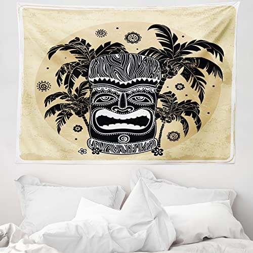 ABAKUHAUS Tiki Bar Wandteppich, Maske Palm Verziert aus Weiches Mikrofaser Stoff Waschbar ohne Verblassen Digitaldruck, 150 x 110 cm, Braun Weiß