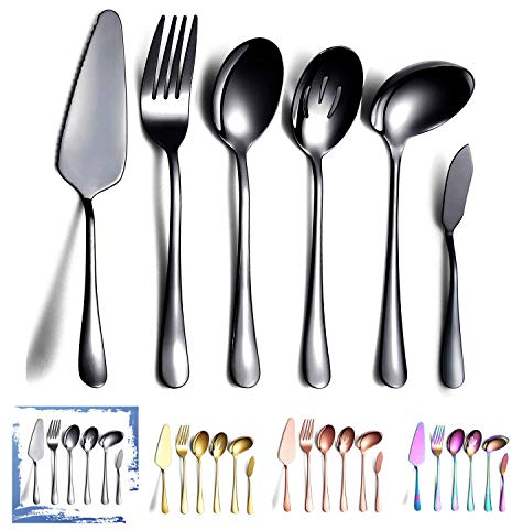 HOMQUEN 6-Teilig schwarz Besteck Set, Rostfreier Stahl Servierbesteck, Tortenheber, Geschlitzter Servierlöffel, Servierlöffel, Aufschnittgabel, Buttermesser, Suppenkelle