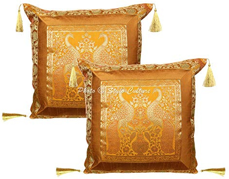 Stylo Culture Ethnico Funda Almohadon Decorativos 45x45 cm Brocado De Seda Pavo Real Fundas para Almohadones Sofa Amarillo Mostaza Borlas De Jacquard Cuadrado Cremallera Cojin para La Cama - 2 Pcs