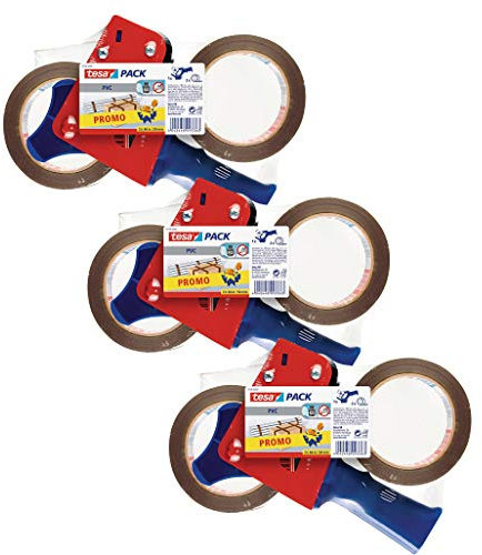 tesa Ultra Strong und Handabroller im Set mit 2 besonders reißfesten PVC-Klebebändern - Braun - 66 m x 50 mm (3er Pack)
