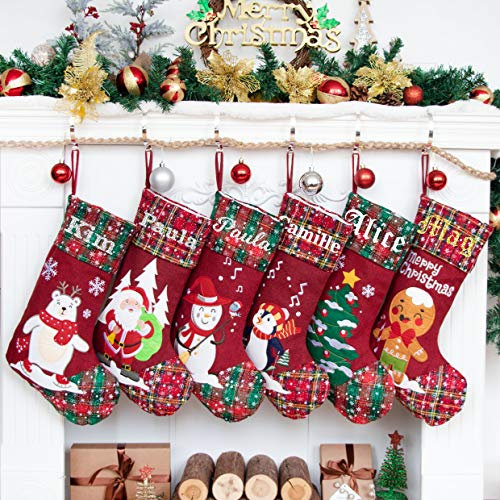 Personalised Christmas Stockings with Name, 1 Pack Extra Large Xmas Stocking with Embroidered lnitial Words, Rustic Farmhouse Fireplace Hanging Ornament Holiday Party Decoration, Snowflake