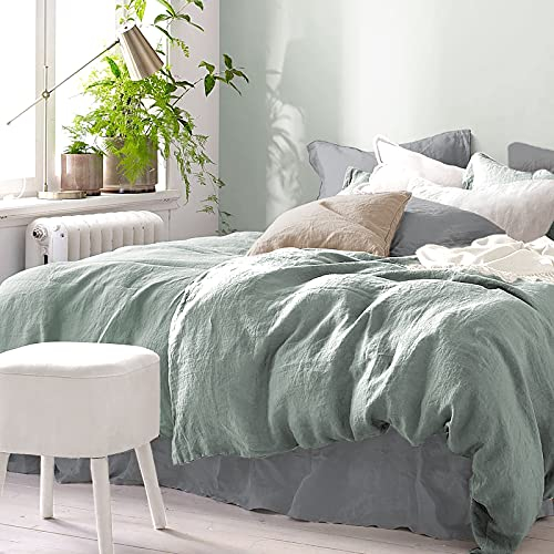 Pure Label Halbleinen Bettwäsche 135x200 cm mit Kissenbezug 80x80 cm in grün - Bügelfreie Bettwäsche Sets 135 x 200 aus belgischem Leinen und feinster Baumwolle