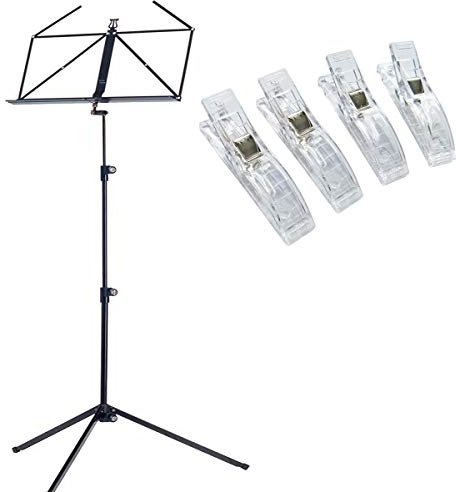 K&M 100/1 Notenständer in Schwarz + 4X keepdrum Notenklammern