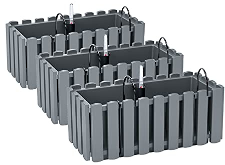 PAFEN 3X Blumenkasten Blumentopf mit Halterungen – 38 x 18 x 16,2 cm - Pflanztopf Bewässerungssystem Balkonkasten Pflanzkästen, Grau