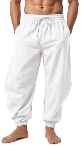 perdontoo Mens Casual Cotton Linen Pant Elastic Waist Drawstring Yoga Jogger Pants (Small, White)
