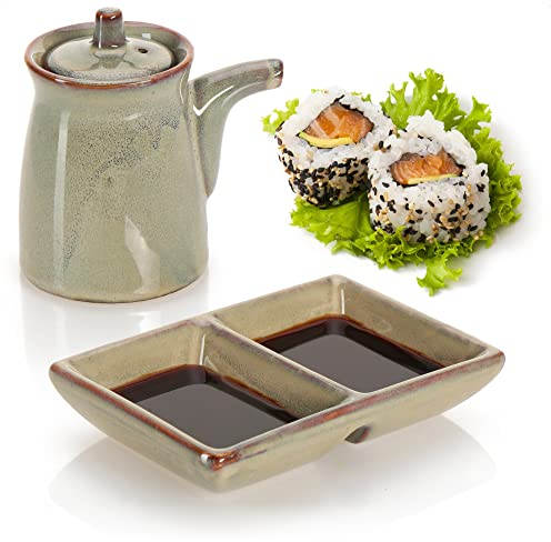 com-four® Set da portata 2 pezzi per sushi - ciotola in ceramica e contenitore salse - piatto da portata sushi (2 parti)