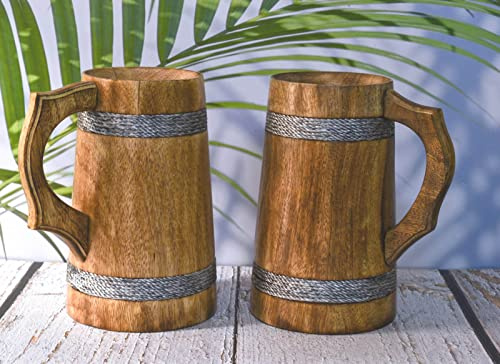 India House Chopes à bière en bois de mangue - Lot de 2, 650 ml, style classique, cadeaux de mariage et d'anniversaire pour lui