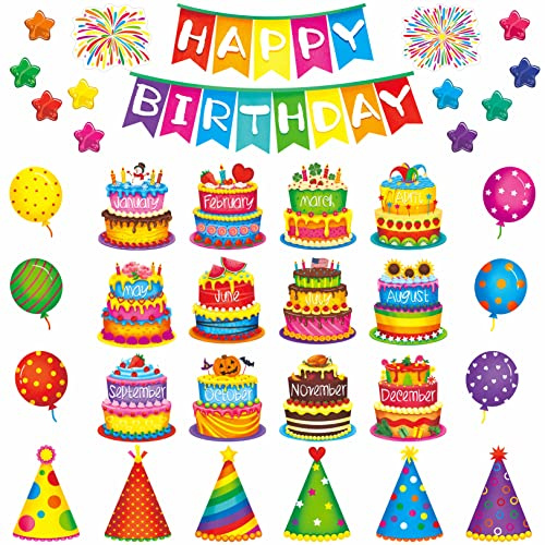39 PCS Happy Birthday Bulletin Board Set, Colorful Birthday Decoration Cakes, Stars, Firework, Balloon, Party Hats Cut-outs Classroom Decorations Birthday Party Supplies for Kids Teacher Student