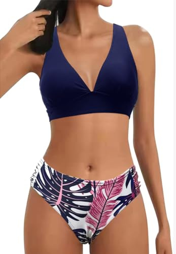Maillot de Bain Femme Deux Pièces Push Up V-Cou Swimwear Haut Triangle Bikini Réglable Taille Mid Waisted Bikini 2 Pieces Rembourré Maillot de Bain(Bleu Marine,XL)