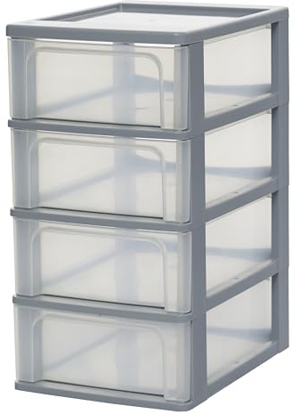 Iris Ohyama Cassettiera in Plastica, Portaoggetti, 4 Cassetti Medi, Grigio, Apertura Facile, Formato A4, A5 e A6, Organizzatore, Per Ufficio, Scuola, Cartoleria, Senza BPA, Contenitore, OCH-2004