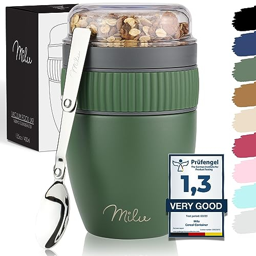 Milu Müslibecher to go 400ml MüsliMax I isolierter Edelstahl Joghurtbecher für Müsli I auslaufsicherer Becher mit Löffel für Yoghurt/Porridge (Olivegrün)