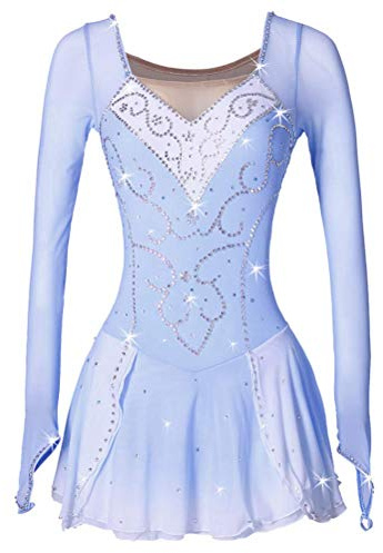 JRUIA Professionelles Eiskunstlauf Wettkampf Kleid Langärmliges Eislauf Performance Kostüm Für Mädchen Strass Gymnastik Trikots Mit Fingerpunkt Ärmeln,Blau,XXXL