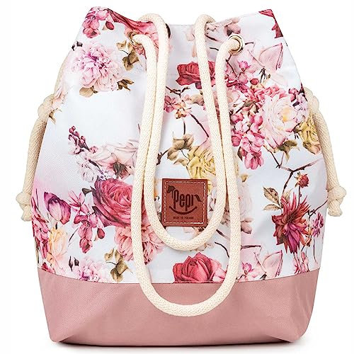 Pepi Stoff Turnbeutel für Damen 24x34x15 cm mit Verstellbaren Baumwollschnüren - Beuteltasche Damen Stoff - Damen Beuteltasche - Zugbeutel 100% Polyester Japanischer Garten – Rosa