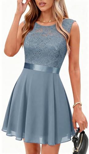 Berylove Cocktailklänning för kvinnor, aftonklänning, elegant för bröllop, bröllopsgästklänning, chiffong, ärmlös spetsklänning, L