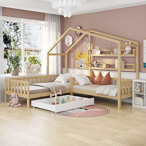KecDuey Cama Infantil 90x200cm+140x70cm Con Cajones y Estantes, Casa de Madera Maciza Con Valla y Somier, Estructura en L (Natural)