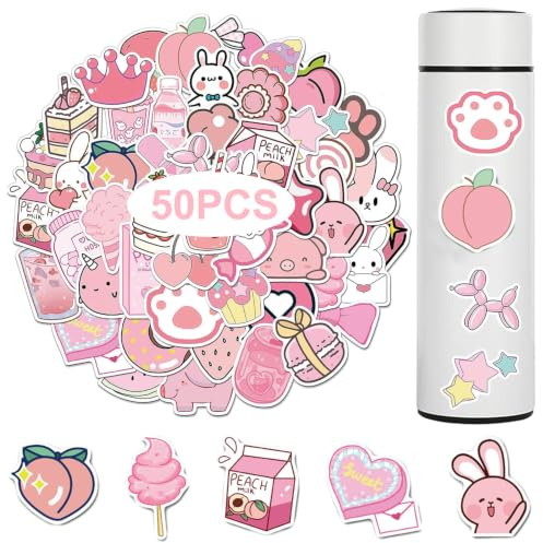 Pink Cute Stickers, 50 Pcs Waterproof Self-Adhesive Stickers Kawaii Stickers Decals Trendy Cool Sticker for Laptop Car Scrapbook Skateboard Computer