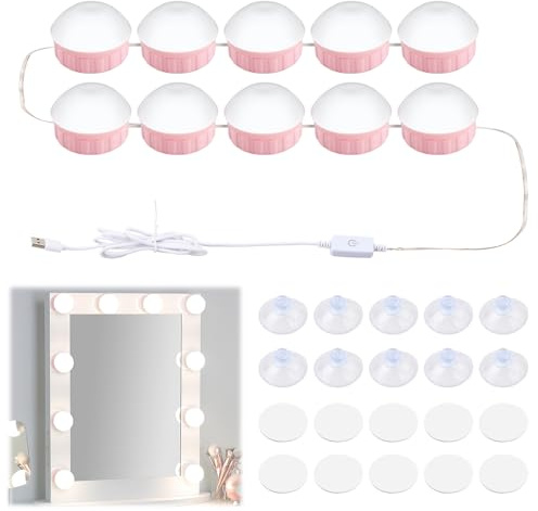 Jinlaili Dimmbares Spiegellicht, 10 Glühbirnen, Hollywood-Stil, LED-Licht, 3 Farben, Make-up-Lampen und Helligkeit verstellbar, dimmbar, Lampe für Schminkspiegel, Schminktisch (Rosa)