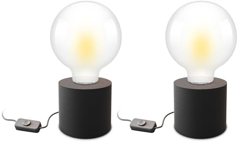 SSC-LUXon 2 Stück NAMBI Tischlampe schwarz rund für 1x E27 - Lampenfuß Nachttischlampe mit Kabel und Schalter ohne Leuchtmittel