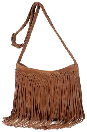 PACKOVE Borsa a tracolla in pelle con frange, da cowboy, da donna, a tracolla, con frange, da donna, marrone, 34x29cm