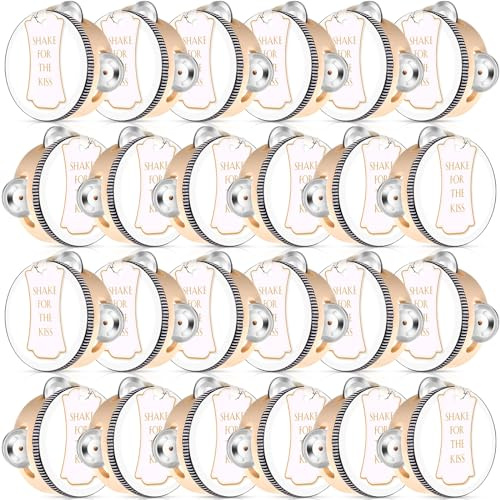 Lukmaa 24 Set 4 Inch Tambourine for Adults Wooden Hand Held Drum with Metal Jingles, Gift Tags, White I Love You Printed Ribbon Percussion Gift Musical Instrument for Church Wedding Party Favor