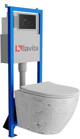 Lavita LAV 101 Vorwandelement für WC 40cm + Wand Hänge Tiefspül WC SOFI SLIM PAPER Weiß Spülrandlos + Bedienplatte LAV 200.4.4 Schwarz | Komplettset | Unterputz Spülkasten | Toilette Komplett Sett