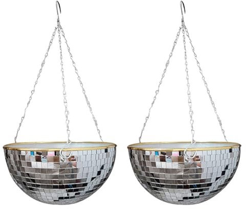 AutoSwan 2X Disco Ball Planter Shape Hanging Vase Flower Planter Pots with Drainage Mirror Hanging Basket Garden Decoration-XL